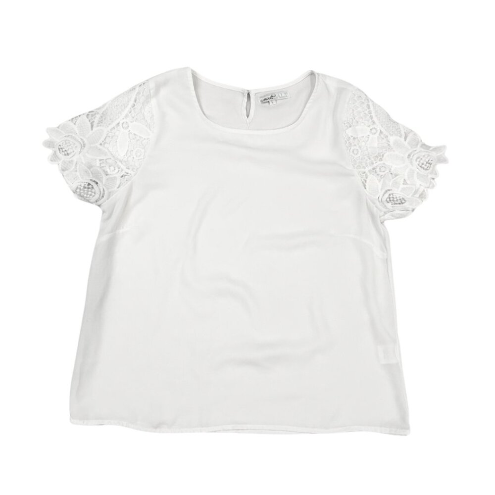 White Blouse Floral Lace Sleeves Round Neck Large Women Sweet Salt